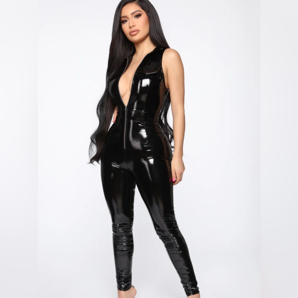 Fashion Nova Electra Latext Black Jumpsuit with High Neckline